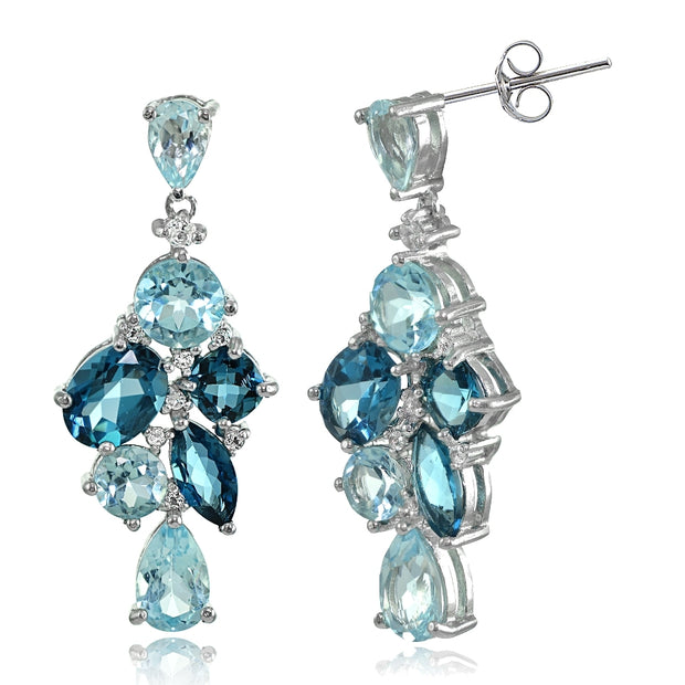 Sterling Silver London Blue, Blue, and White Topaz Cluster Tonal Dangle Earrings