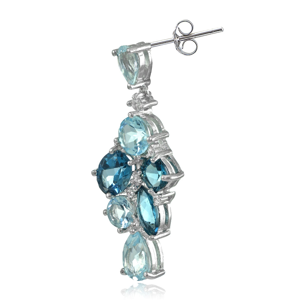 Sterling Silver London Blue, Blue, and White Topaz Cluster Tonal Dangle Earrings-2