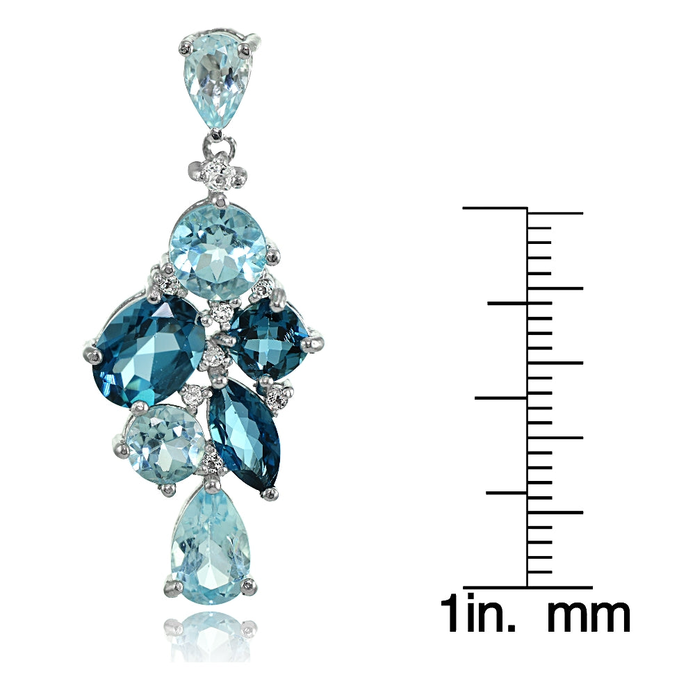 Sterling Silver London Blue, Blue, and White Topaz Cluster Tonal Dangle Earrings-3