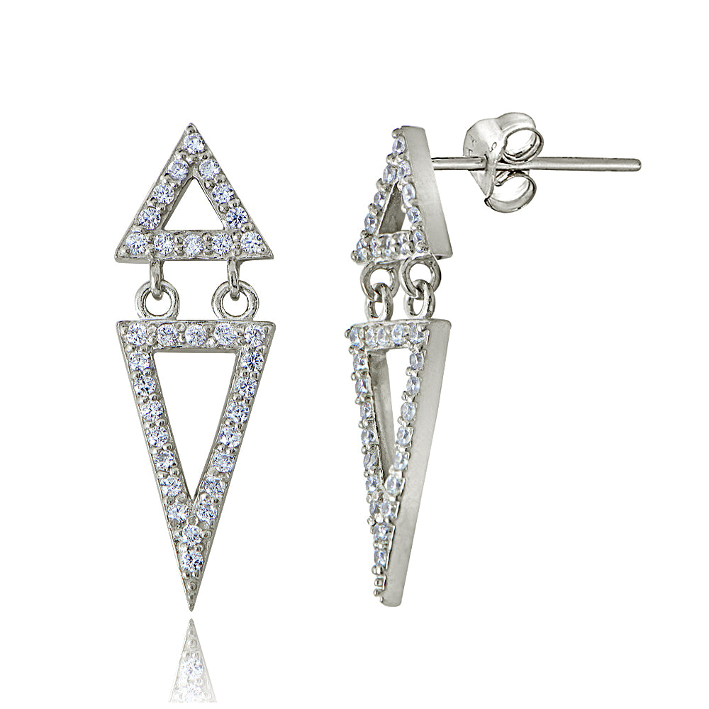 Sterling Silver Cubic Zirconia Double Triangle Earrings-4