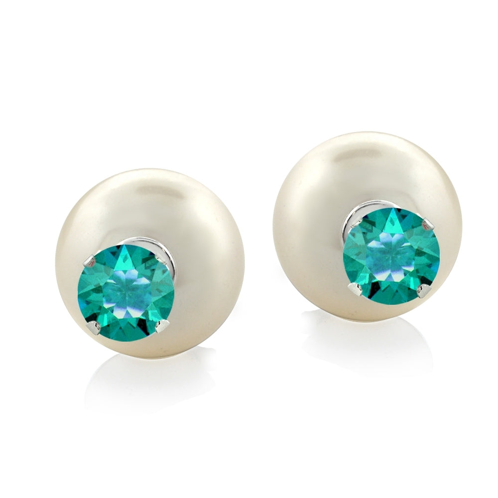 Sterling Silver Emerald Swarovski Elements & Simulated Pearl Front Back Stud Earrings