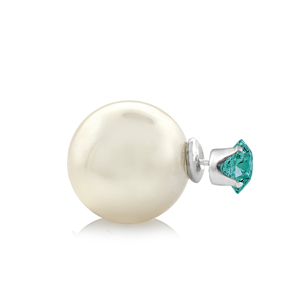 Sterling Silver Emerald Swarovski Elements & Simulated Pearl Front Back Stud Earrings-2