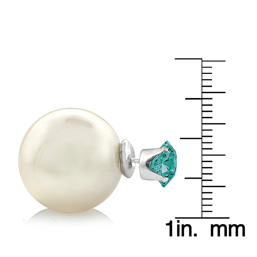Sterling Silver Emerald Swarovski Elements & Simulated Pearl Front Back Stud Earrings-3