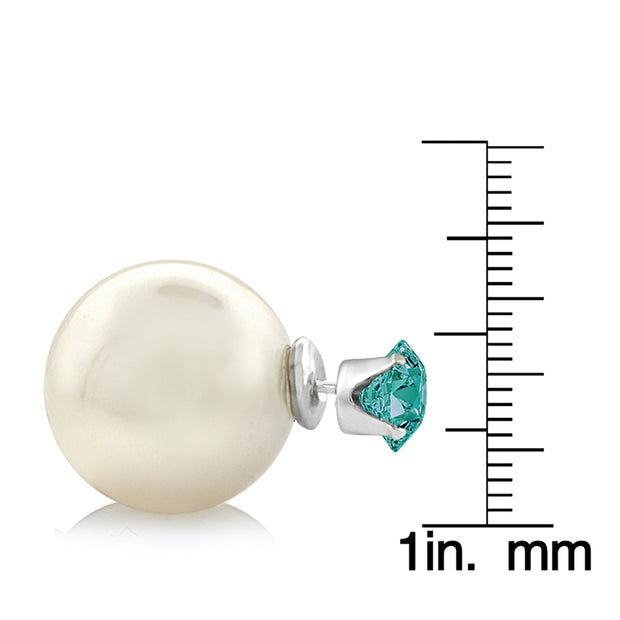 Sterling Silver Emerald Swarovski Elements & Simulated Pearl Front Back Stud Earrings
