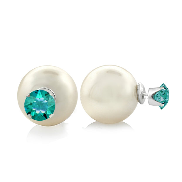 Sterling Silver Emerald Swarovski Elements & Simulated Pearl Front Back Stud Earrings