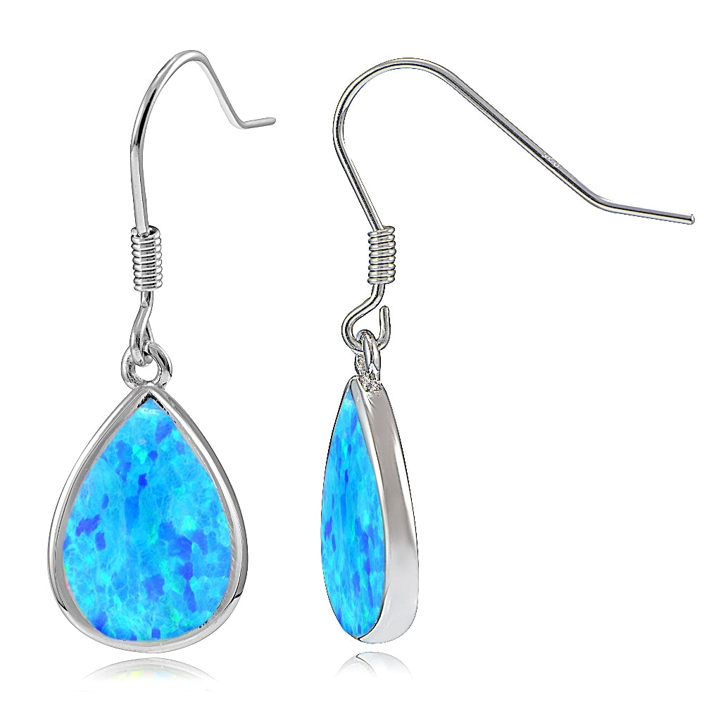 Sterling Silver Created Blue Opal Teardrop Dangle Earrings