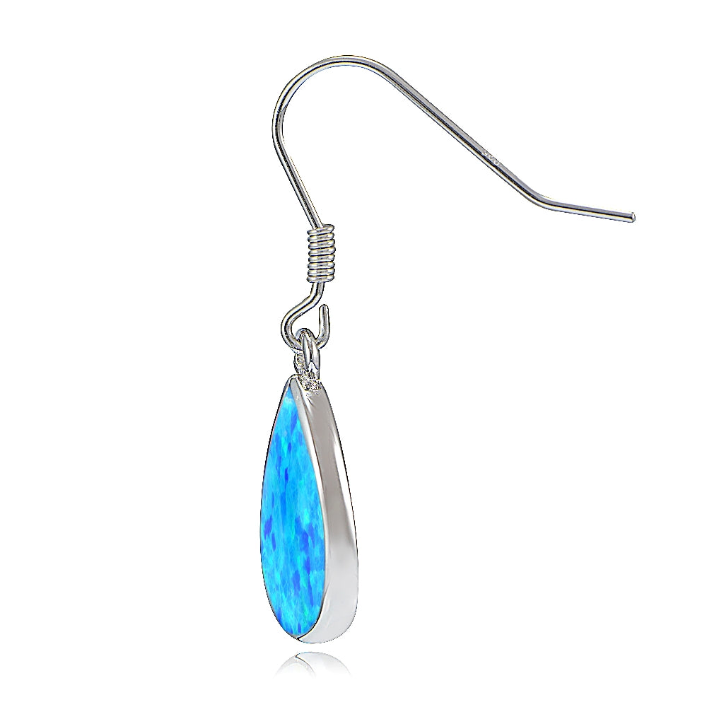 Sterling Silver Created Blue Opal Teardrop Dangle Earrings-2