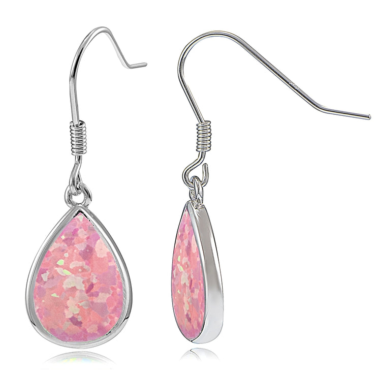 Sterling Silver Created Pink Opal Teardrop Dangle Earrings