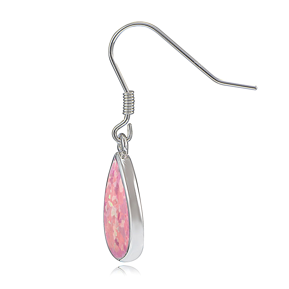 Sterling Silver Created Pink Opal Teardrop Dangle Earrings-2