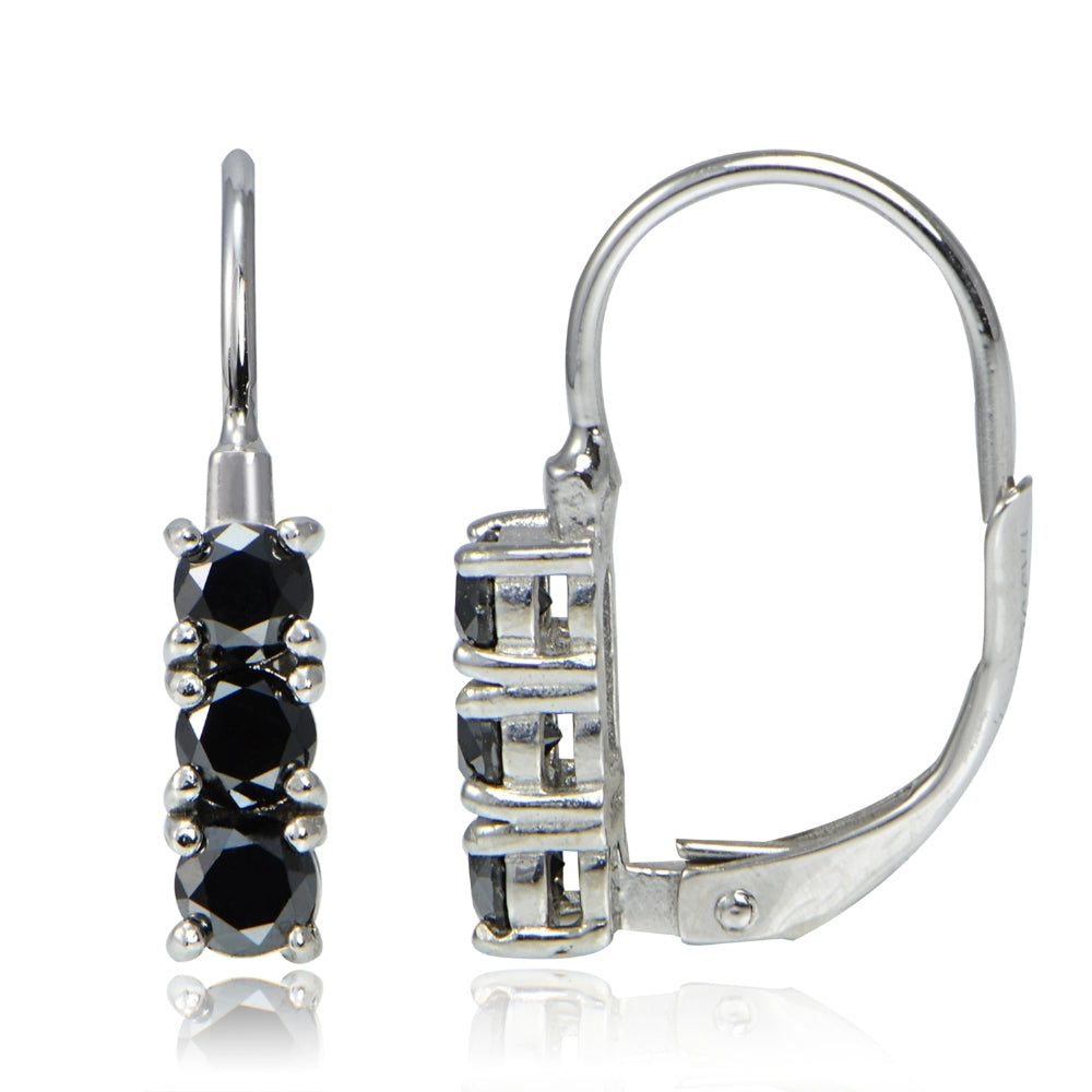 Sterling Silver 0.75ct tdw Black Diamond 3-Stone Leverback Earrings