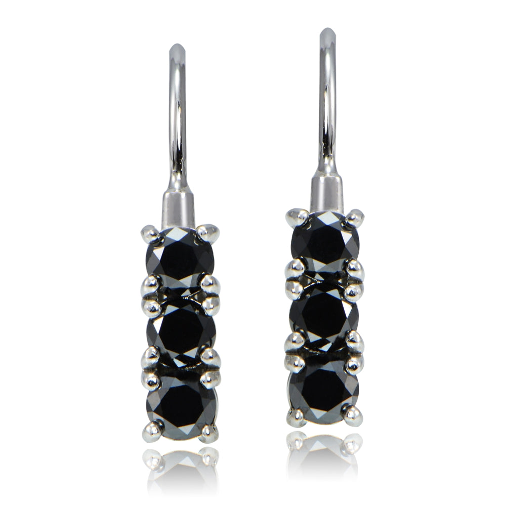Sterling Silver 0.75ct tdw Black Diamond 3-Stone Leverback Earrings-2