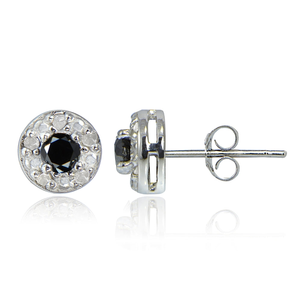 Sterling Silver 0.33ct tdw Black & White Diamond Round Halo Stud Earrings
