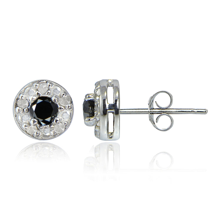 Sterling Silver 0.33ct tdw Black & White Diamond Round Halo Stud Earrings