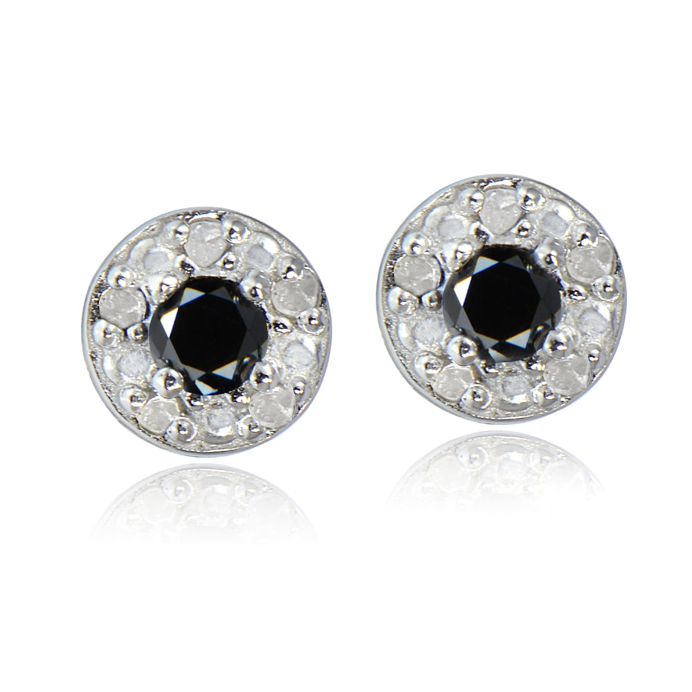 Sterling Silver 0.33ct tdw Black & White Diamond Round Halo Stud Earrings-2