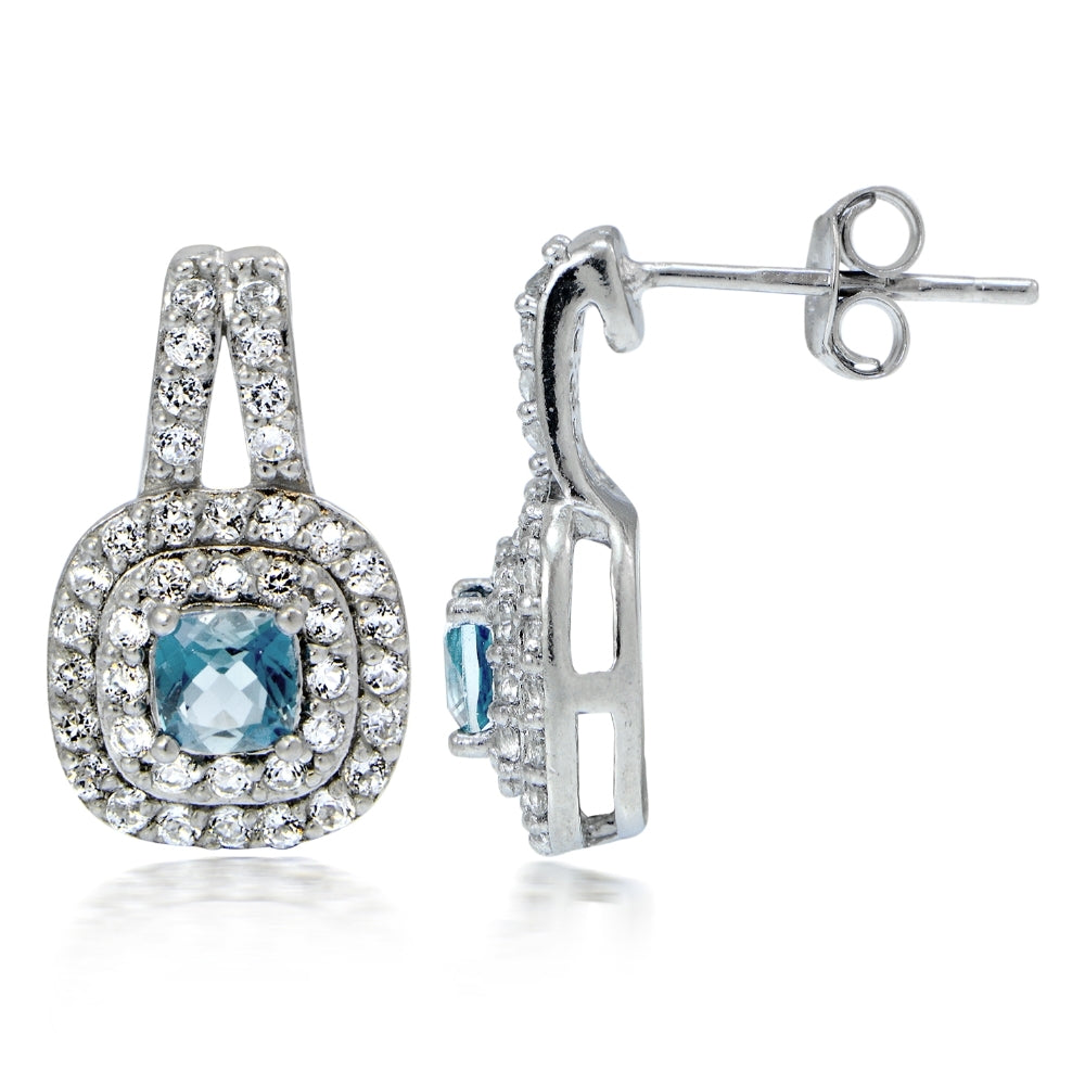 Sterling Silver 1.4ct Blue & White Topaz Cushion-Cut Earrings
