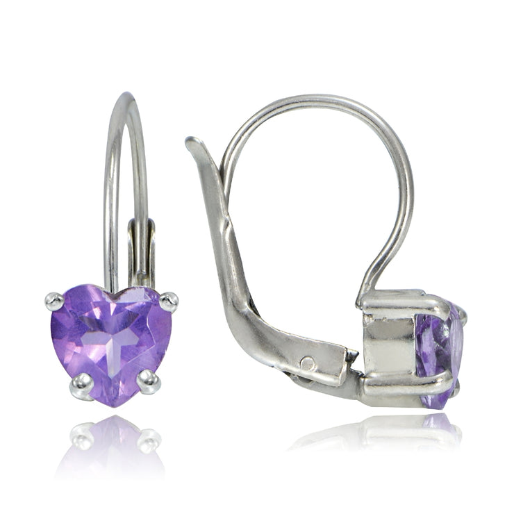 Sterling Silver 1.3ct Amethyst  Heart Leverback Earrings, 6mm