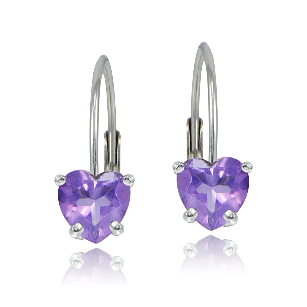 Sterling Silver 1.3ct Amethyst  Heart Leverback Earrings, 6mm-2