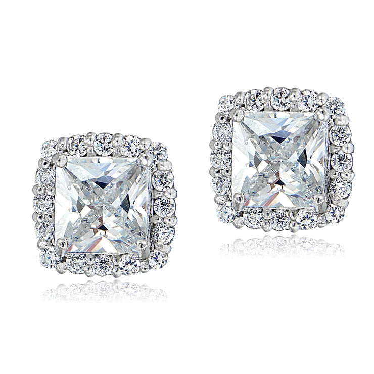 Sterling Silver Cubic Zirconia Princess-Cut Square Halo Stud Earrings