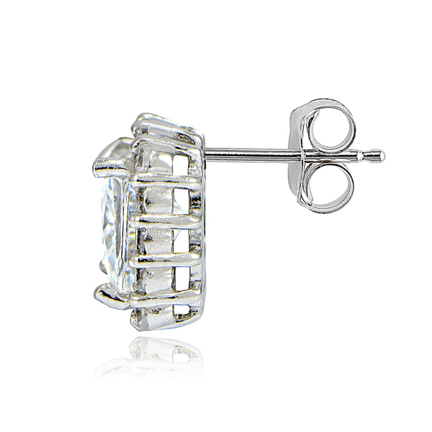 Sterling Silver Cubic Zirconia Princess-Cut Square Halo Stud Earrings