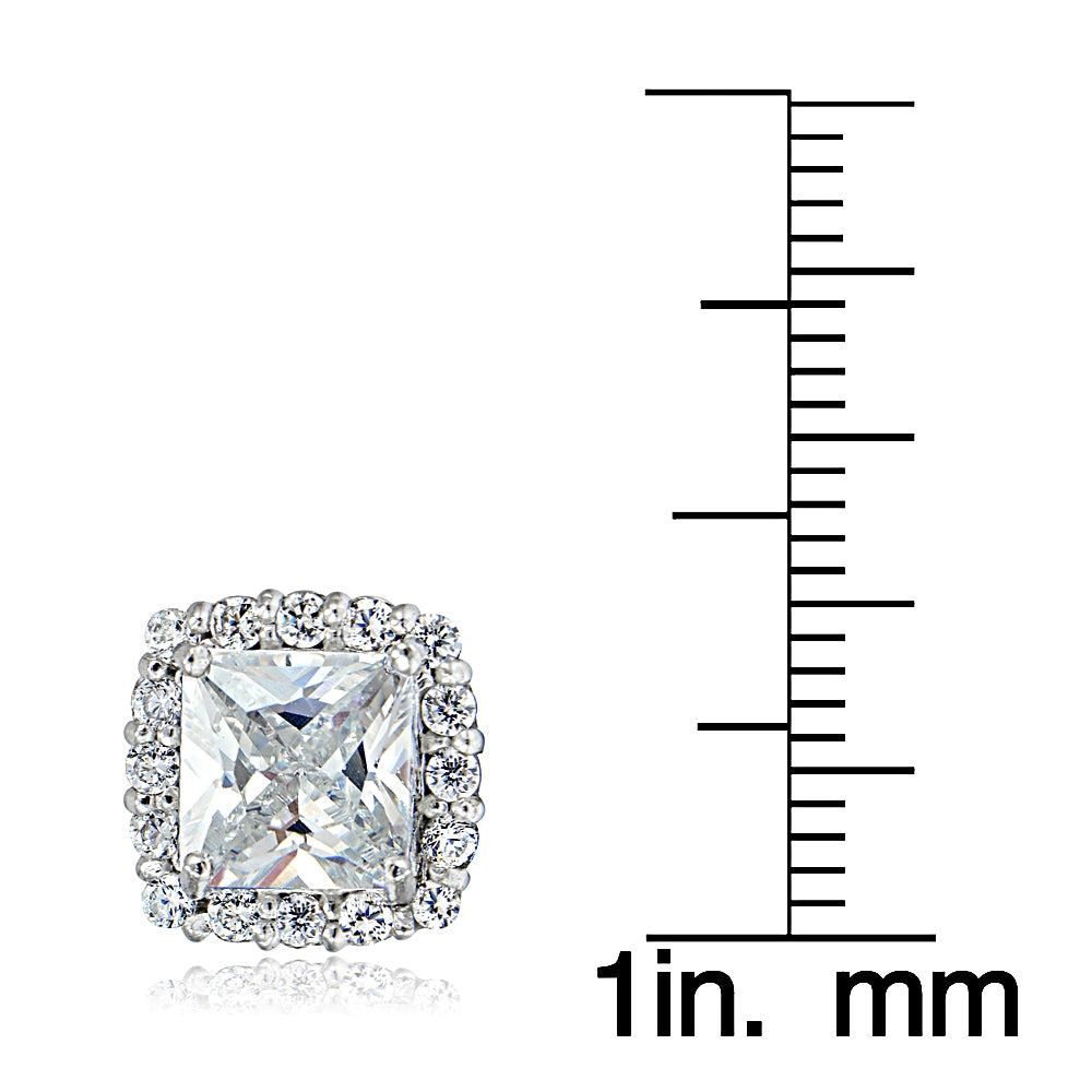 Sterling Silver Cubic Zirconia Princess-Cut Square Halo Stud Earrings-3