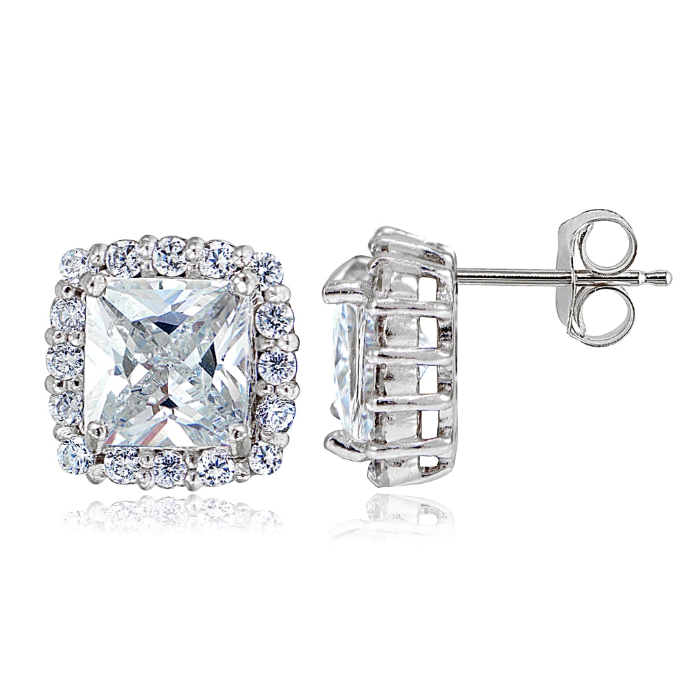 Sterling Silver Cubic Zirconia Princess-Cut Square Halo Stud Earrings-4