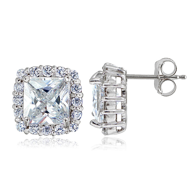 Sterling Silver Cubic Zirconia Princess-Cut Square Halo Stud Earrings