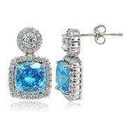 Platinum Plated Sterling Silver 100 Facets Light Blue Cubic Zirconia Cushion-Cut Dangle Earrings