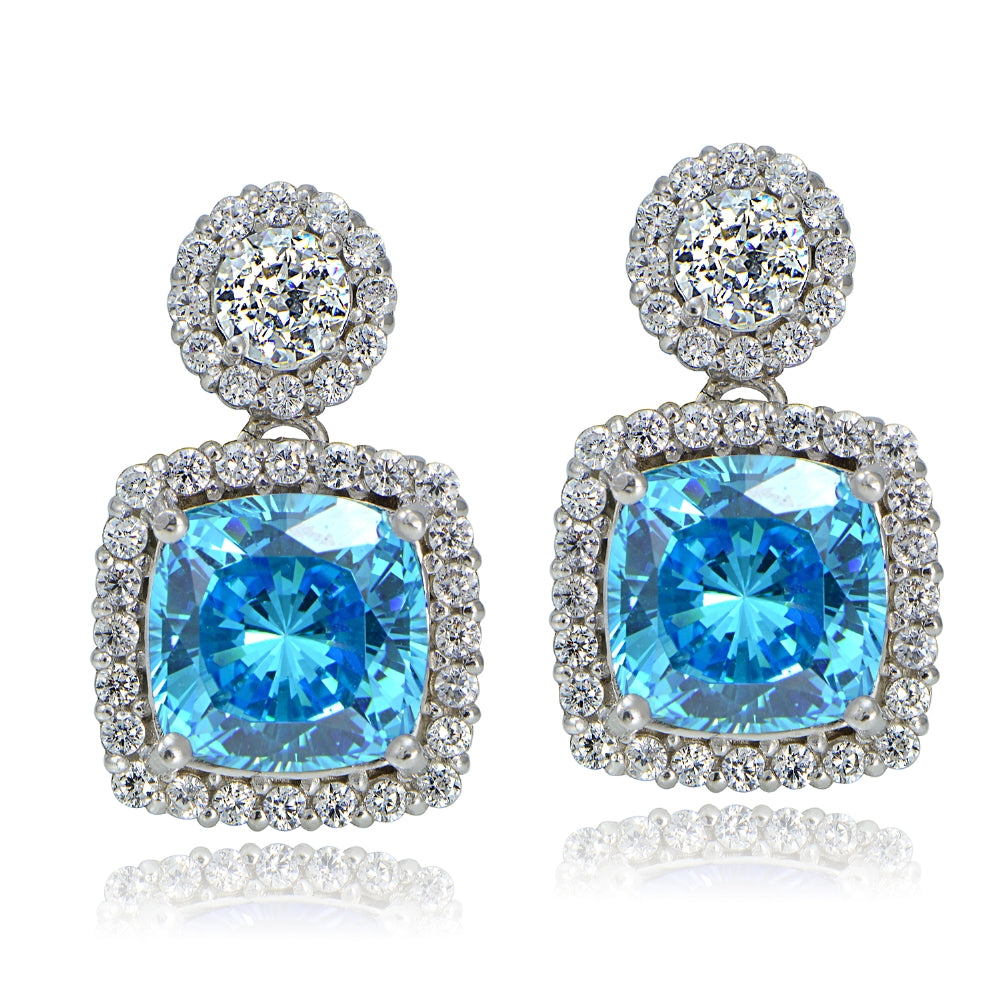 Platinum Plated Sterling Silver 100 Facets Light Blue Cubic Zirconia Cushion-Cut Dangle Earrings-2