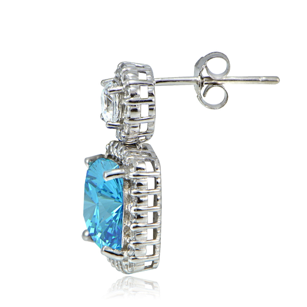 Platinum Plated Sterling Silver 100 Facets Light Blue Cubic Zirconia Cushion-Cut Dangle Earrings-3