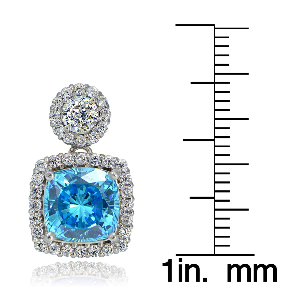 Platinum Plated Sterling Silver 100 Facets Light Blue Cubic Zirconia Cushion-Cut Dangle Earrings-4