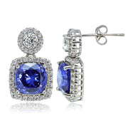 Platinum Plated Sterling Silver 100 Facets Blue Violet Cubic Zirconia Cushion-Cut Dangle Earrings