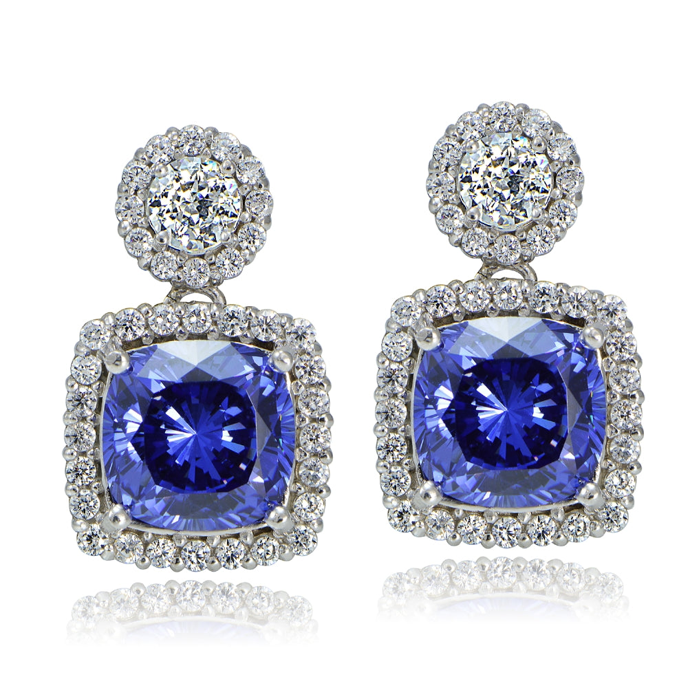 Platinum Plated Sterling Silver 100 Facets Blue Violet Cubic Zirconia Cushion-Cut Dangle Earrings-2
