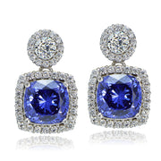 Platinum Plated Sterling Silver 100 Facets Blue Violet Cubic Zirconia Cushion-Cut Dangle Earrings