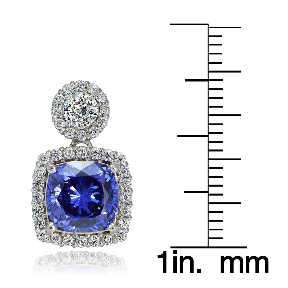 Platinum Plated Sterling Silver 100 Facets Blue Violet Cubic Zirconia Cushion-Cut Dangle Earrings-4