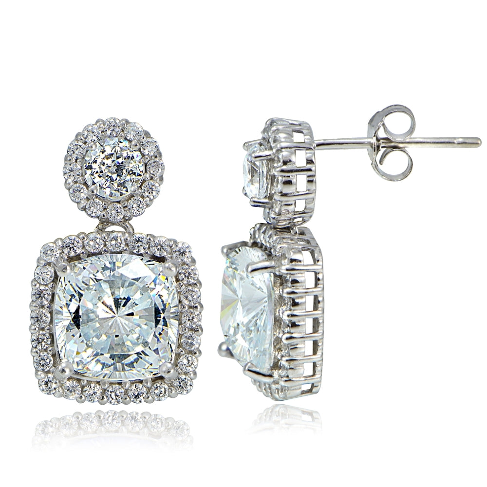 Platinum Plated Sterling Silver 100 Facets Cubic Zirconia Cushion-Cut Dangle Earrings