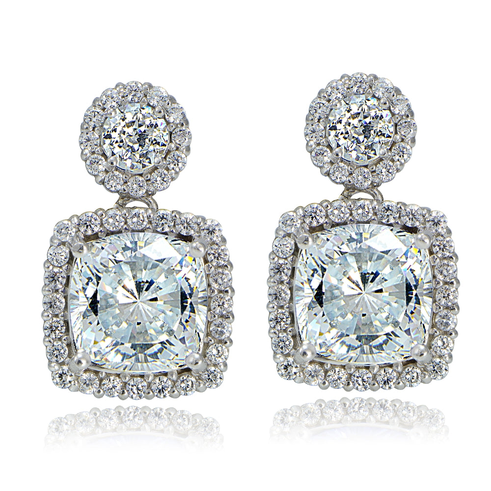 Platinum Plated Sterling Silver 100 Facets Cubic Zirconia Cushion-Cut Dangle Earrings-2