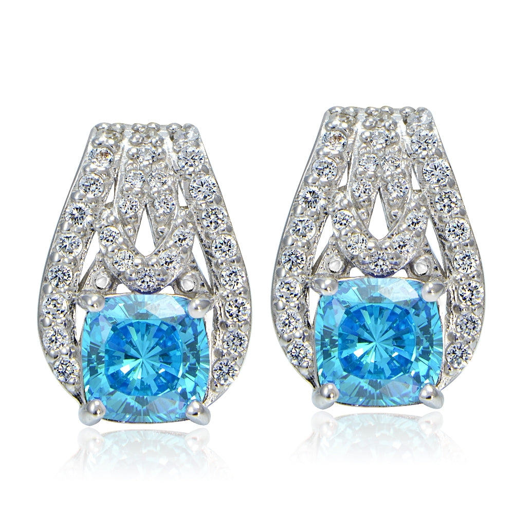 Platinum Plated Sterling Silver 100 Facets Light Blue Cubic Zirconia Cushion-Cut Earrings