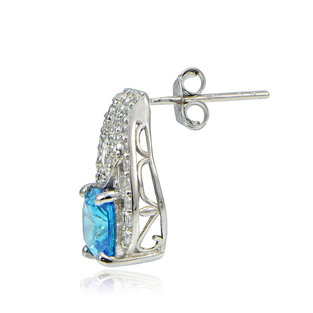 Platinum Plated Sterling Silver 100 Facets Light Blue Cubic Zirconia Cushion-Cut Earrings-2