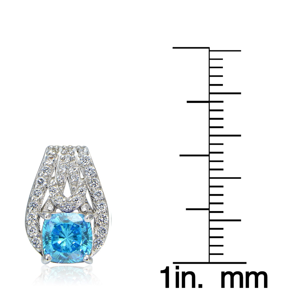 Platinum Plated Sterling Silver 100 Facets Light Blue Cubic Zirconia Cushion-Cut Earrings-3