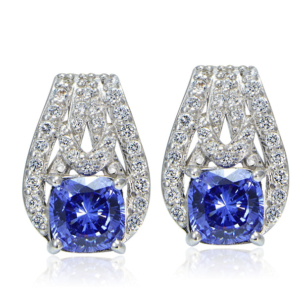 Platinum Plated Sterling Silver 100 Facets Blue Violet Cubic Zirconia Cushion-Cut Earrings
