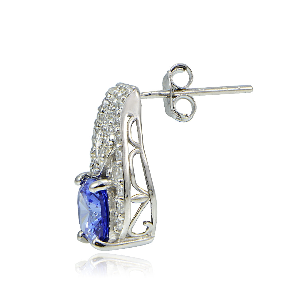 Platinum Plated Sterling Silver 100 Facets Blue Violet Cubic Zirconia Cushion-Cut Earrings-2