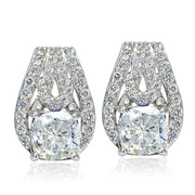Platinum Plated Sterling Silver 100 Facets Cubic Zirconia Cushion-Cut Earrings