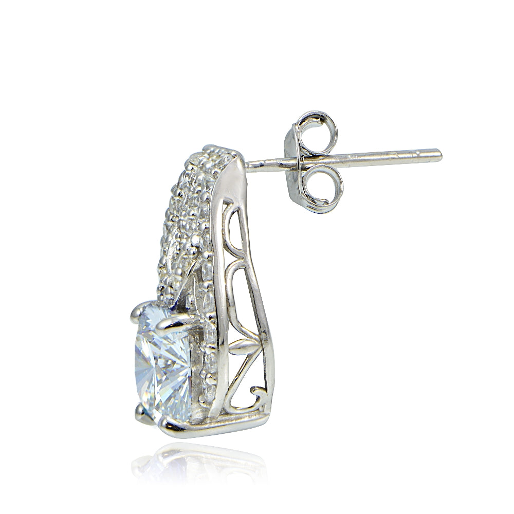 Platinum Plated Sterling Silver 100 Facets Cubic Zirconia Cushion-Cut Earrings-2