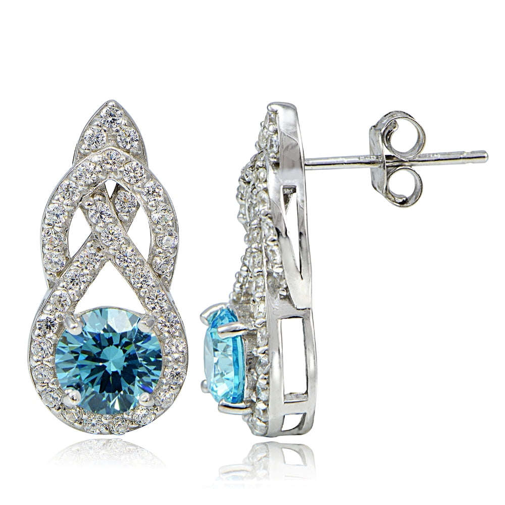 Platinum Plated Sterling Silver 100 Facets Light Blue Cubic Zirconia Infinity Drop Earrings