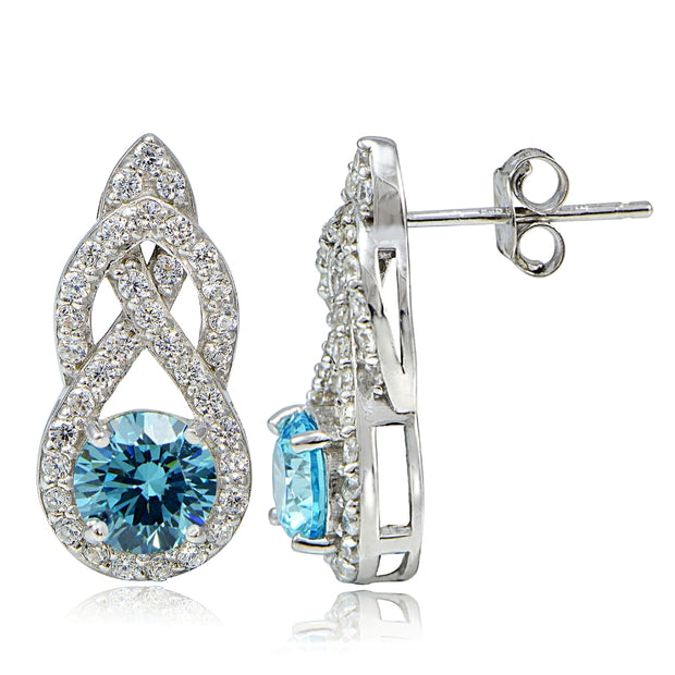 Platinum Plated Sterling Silver 100 Facets Light Blue Cubic Zirconia Infinity Drop Earrings