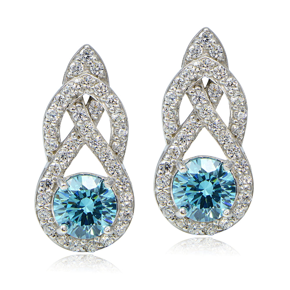 Platinum Plated Sterling Silver 100 Facets Light Blue Cubic Zirconia Infinity Drop Earrings-2