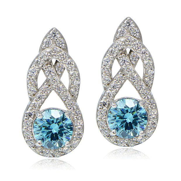 Platinum Plated Sterling Silver 100 Facets Light Blue Cubic Zirconia Infinity Drop Earrings