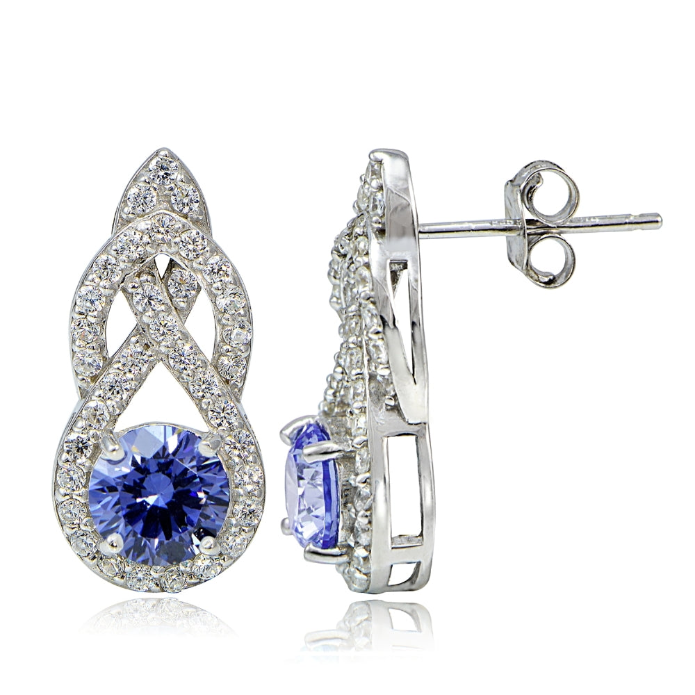 Platinum Plated Sterling Silver 100 Facets Blue Violet Cubic Zirconia Infinity Drop Earrings
