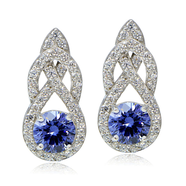 Platinum Plated Sterling Silver 100 Facets Blue Violet Cubic Zirconia Infinity Drop Earrings