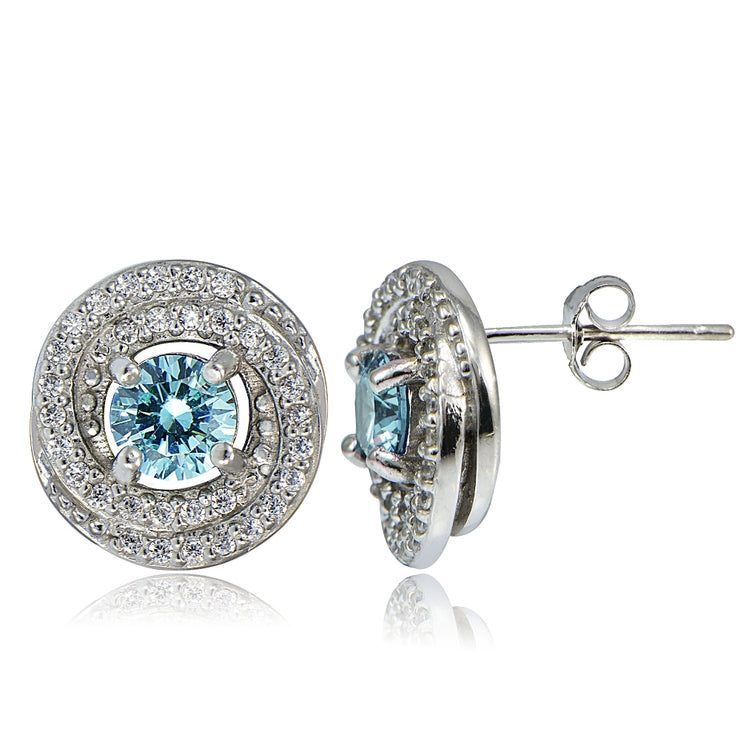 Platinum Plated Sterling Silver 100 Facets Light Blue Cubic Zirconia Love Knot Stud Earrings